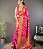 pink color banarasi soft art silk zari woven saree