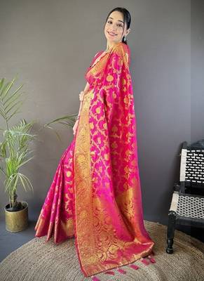 pink color banarasi soft art silk blend zari woven saree 2