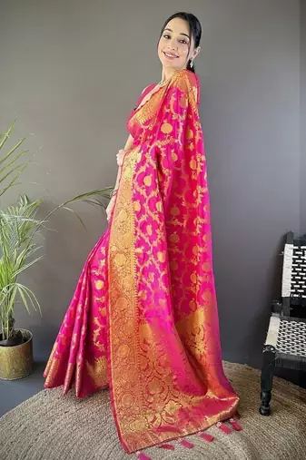 pink color banarasi soft art silk blend zari woven saree