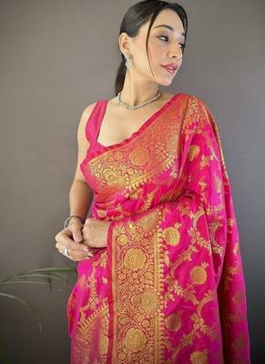 pink color banarasi soft art silk blend zari woven saree 3