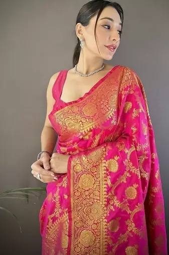 pink color banarasi soft art silk blend zari woven saree