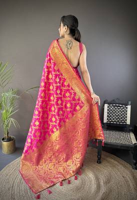 pink color banarasi soft art silk blend zari woven saree 4