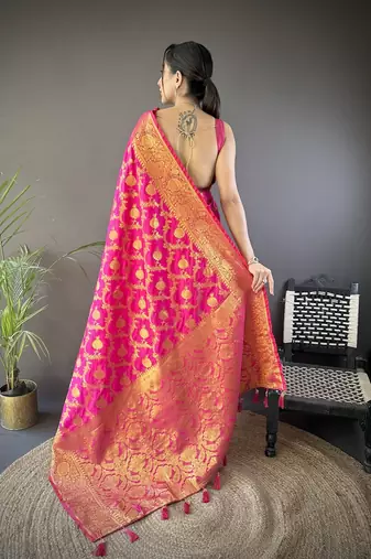 pink color banarasi soft art silk blend zari woven saree