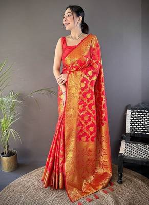 red color banarasi soft art silk blend zari woven saree 1