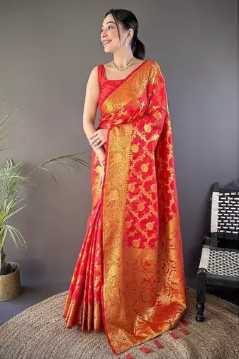 red color banarasi soft art silk zari woven saree