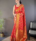 red color banarasi soft art silk zari woven saree