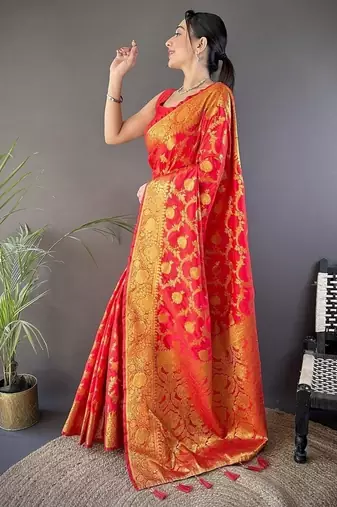 red color banarasi soft art silk blend zari woven saree