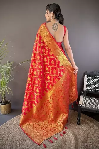 red color banarasi soft art silk blend zari woven saree