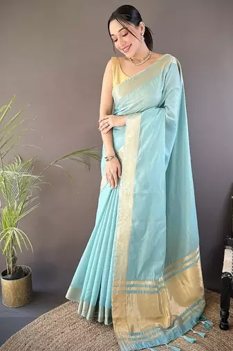 sky blue color cotton checks zari border work saree