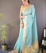 sky blue color cotton checks zari border work saree