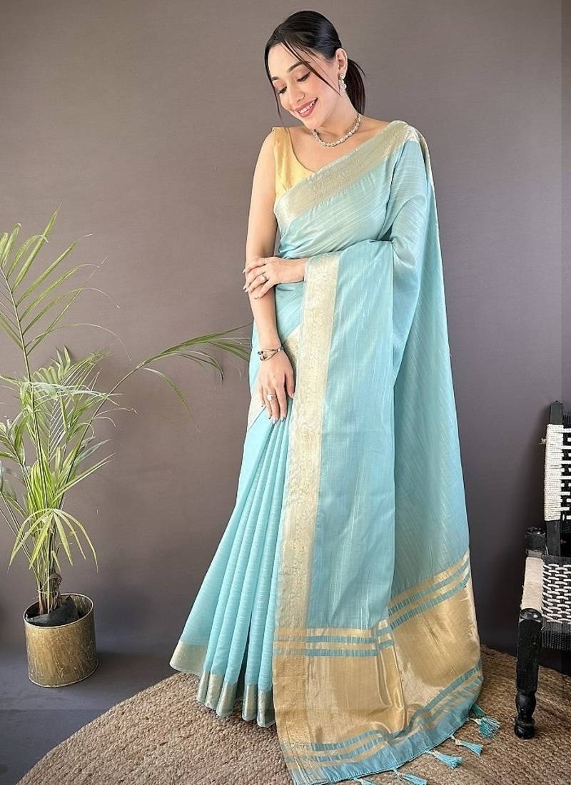 sky blue color cotton checks zari border work saree