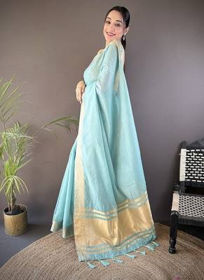 sky blue cotton checks zari border work saree 2