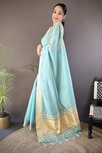 sky blue color cotton checks zari border work saree