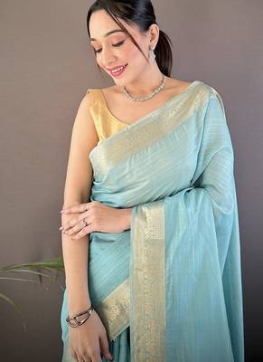 sky blue cotton checks zari border work saree 3