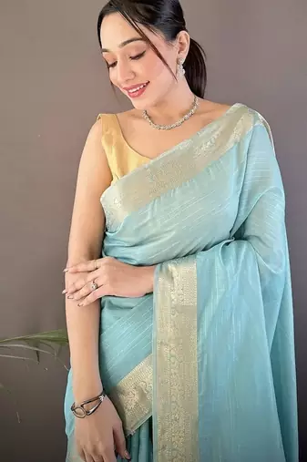 sky blue color cotton checks zari border work saree