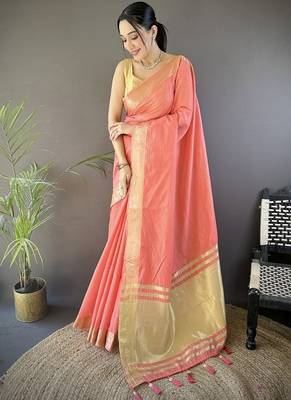 peach color cotton checks zari border work saree 1