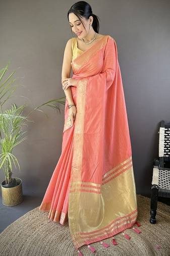 peach color cotton checks zari border work saree