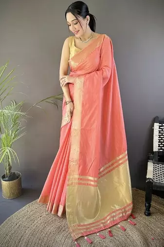 peach color cotton checks zari border work saree