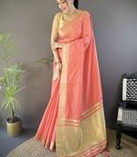 peach color cotton checks zari border work saree