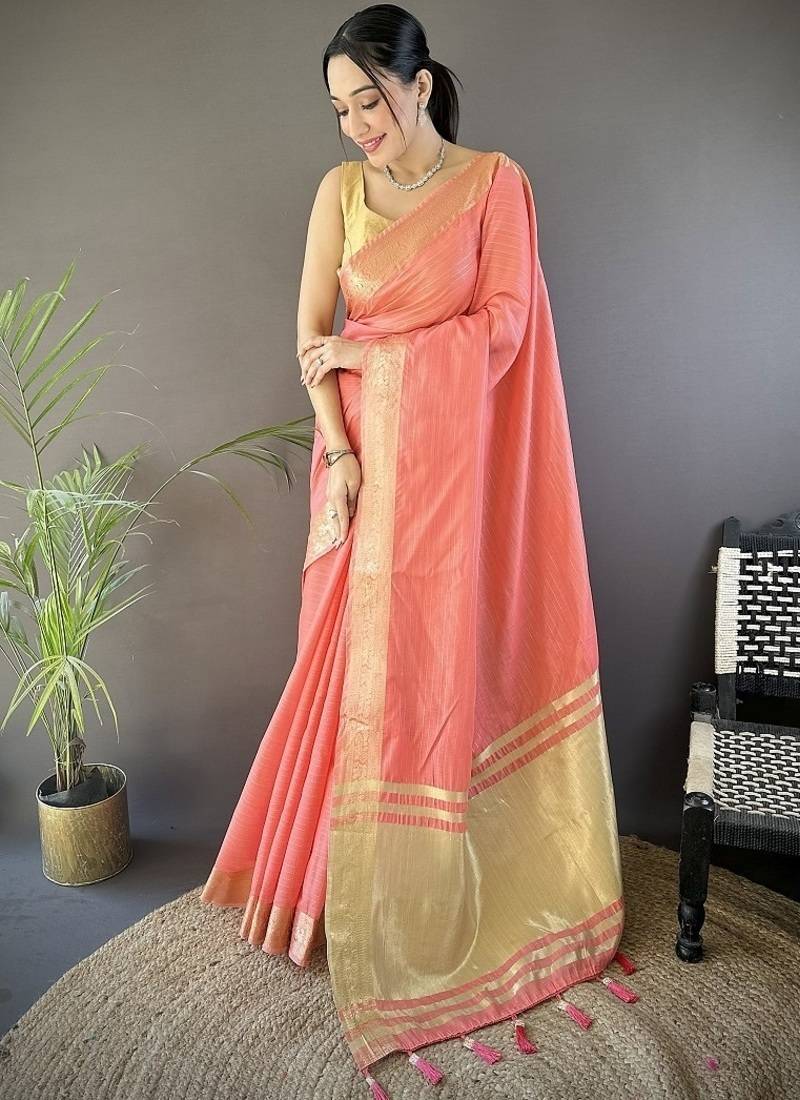 peach color cotton checks zari border work saree