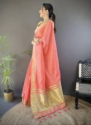 peach color cotton checks zari border work saree 2