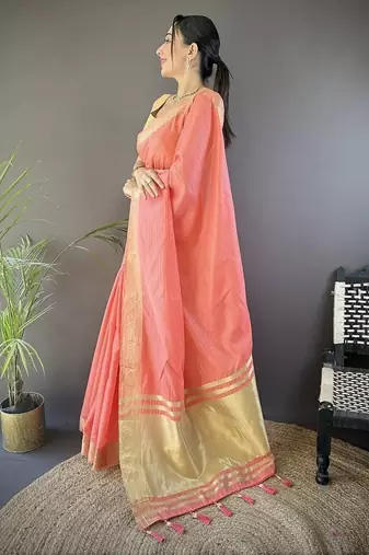 peach color cotton checks zari border work saree