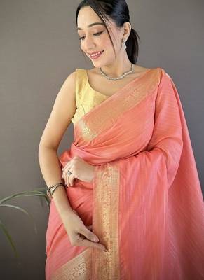 peach color cotton checks zari border work saree 3