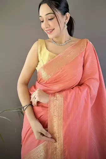 peach color cotton checks zari border work saree