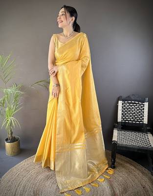 yellow color cotton checks zari border work saree 1