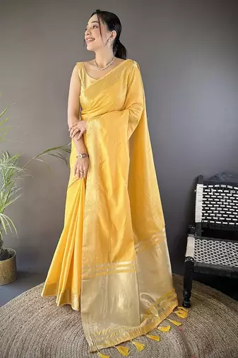 yellow color cotton checks zari border work saree