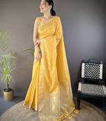 yellow color cotton checks zari border work saree