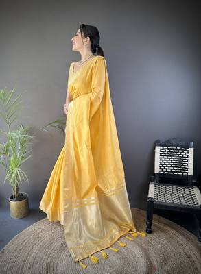 yellow color cotton checks zari border work saree 2