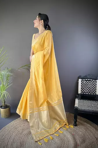yellow color cotton checks zari border work saree