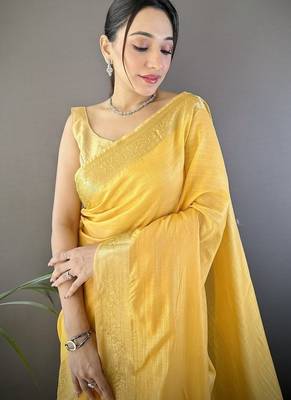 yellow color cotton checks zari border work saree 3