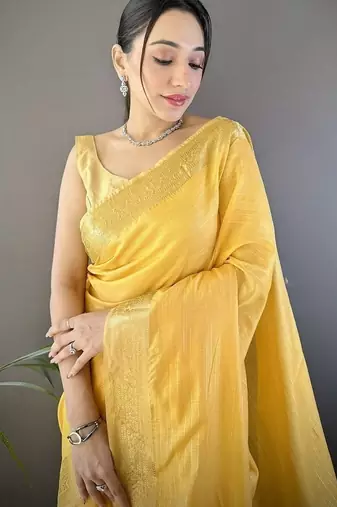 yellow color cotton checks zari border work saree