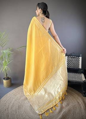 yellow color cotton checks zari border work saree 4