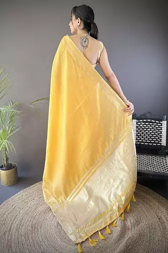 yellow color cotton checks zari border work saree