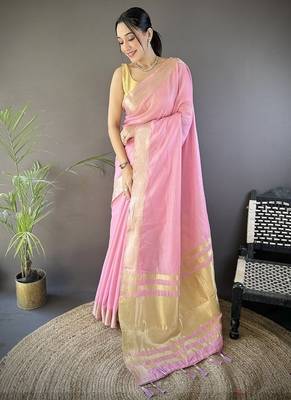 pink color cotton checks zari border work saree 1
