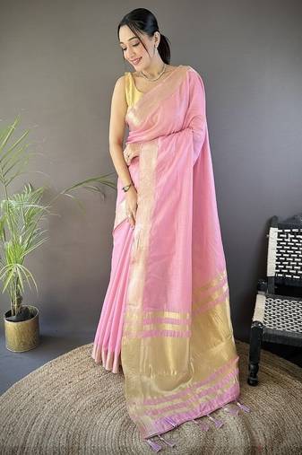 pink color cotton checks zari border work saree