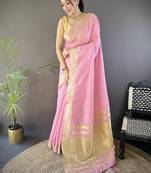 pink color cotton checks zari border work saree