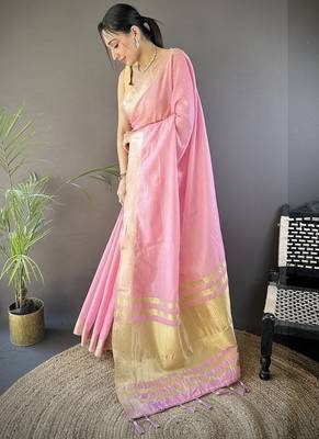 pink color cotton checks zari border work saree 2