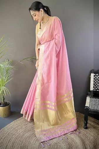 pink color cotton checks zari border work saree