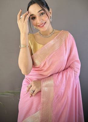 pink color cotton checks zari border work saree 3