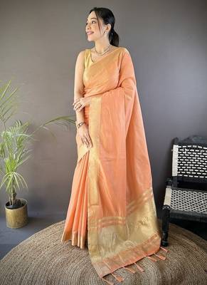 orange color cotton checks zari border work saree 1