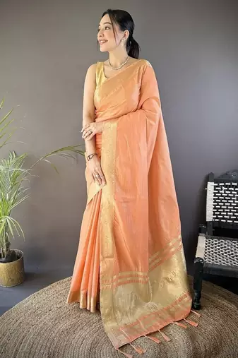 orange color cotton checks zari border work saree