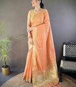 orange color cotton checks zari border work saree