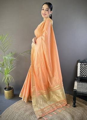 orange color cotton checks zari border work saree 2