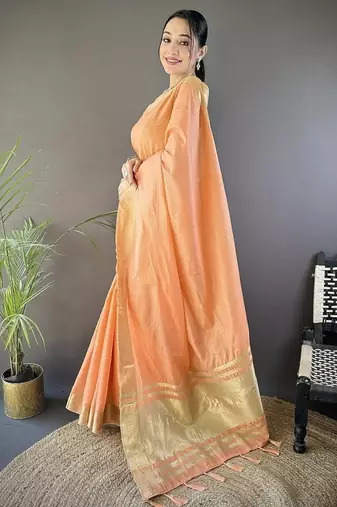orange color cotton checks zari border work saree