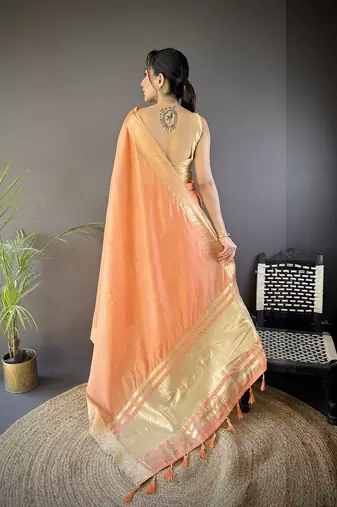 orange color cotton checks zari border work saree