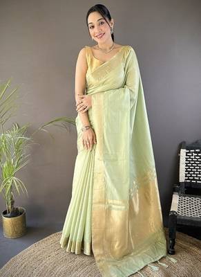 pista color cotton checks zari border work saree 1